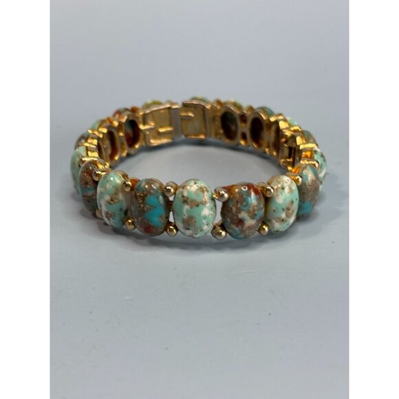 MCM HAR Designer Signed Turquoise Hinged Cuff Bracelet 6" Vintage Gold Tone Jewe - Picture 2 of 6